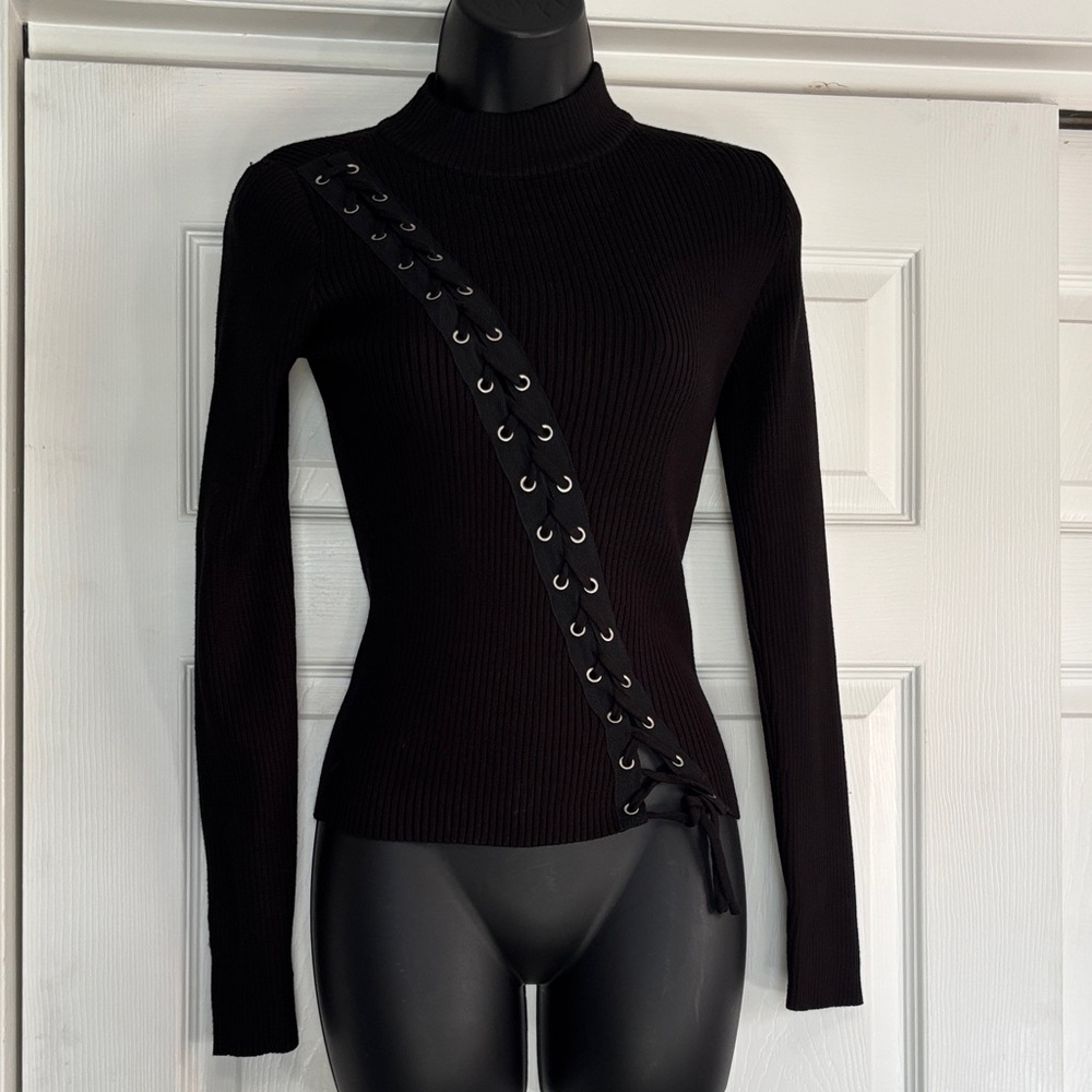 Charlotte Russe Black Sweater with Lace-Up Detail